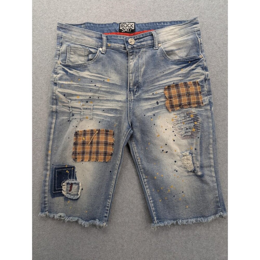 Rock Salt Denim Shorts Mens 34 Blue Plaid Patchwork Distressed Bermuda Raw Hem